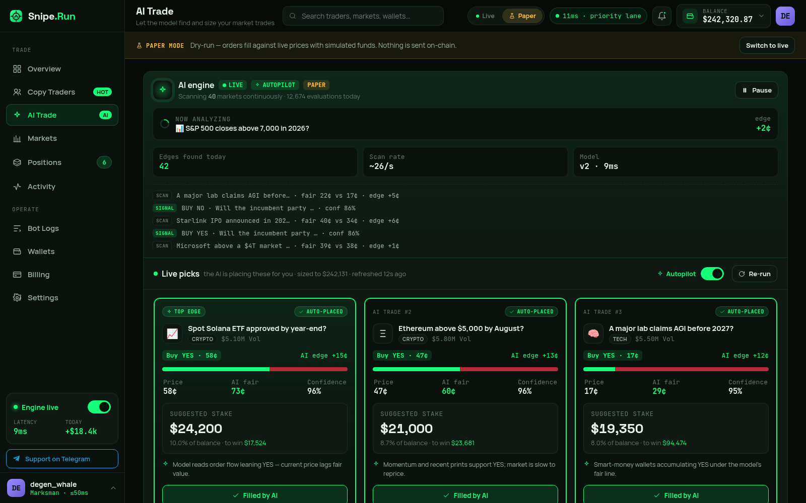 Snipe.Run AI Trade — live engine scanning markets and placing sized trades